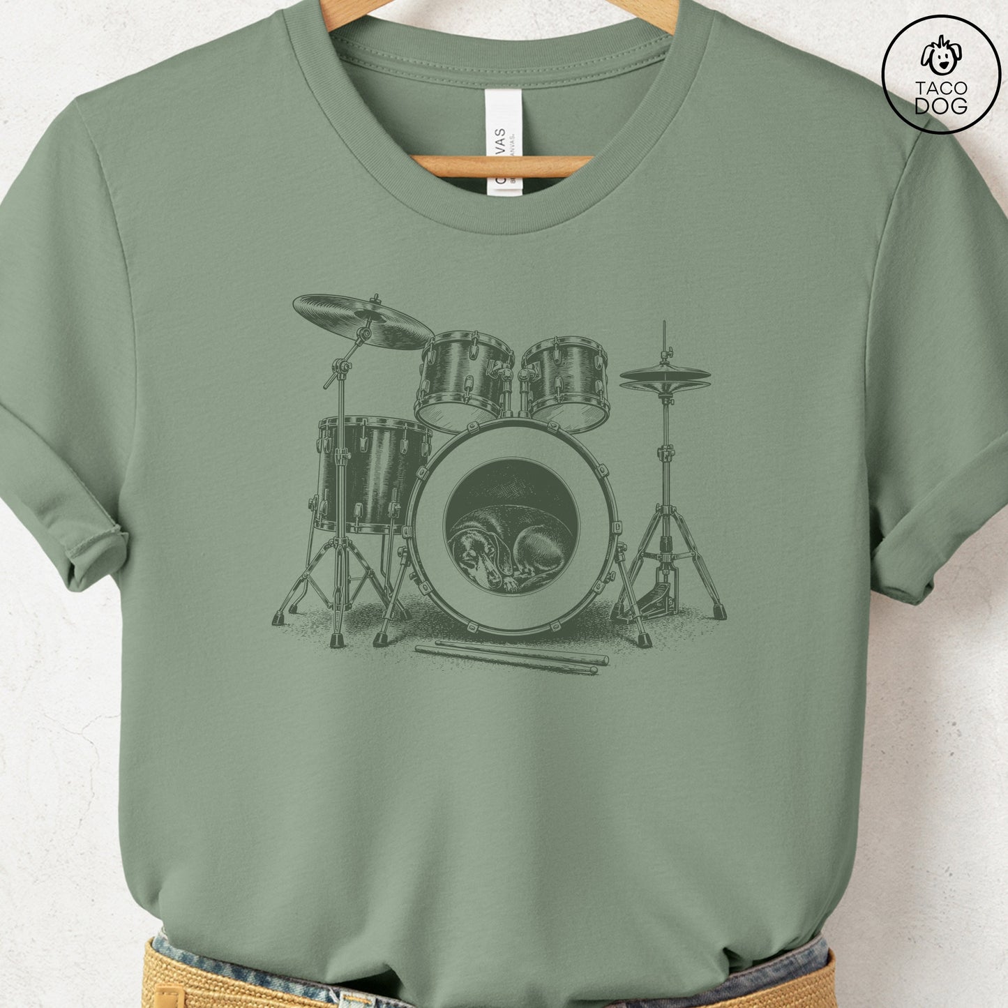 Dachshund Drum T-Shirt Sage Taco-Dog