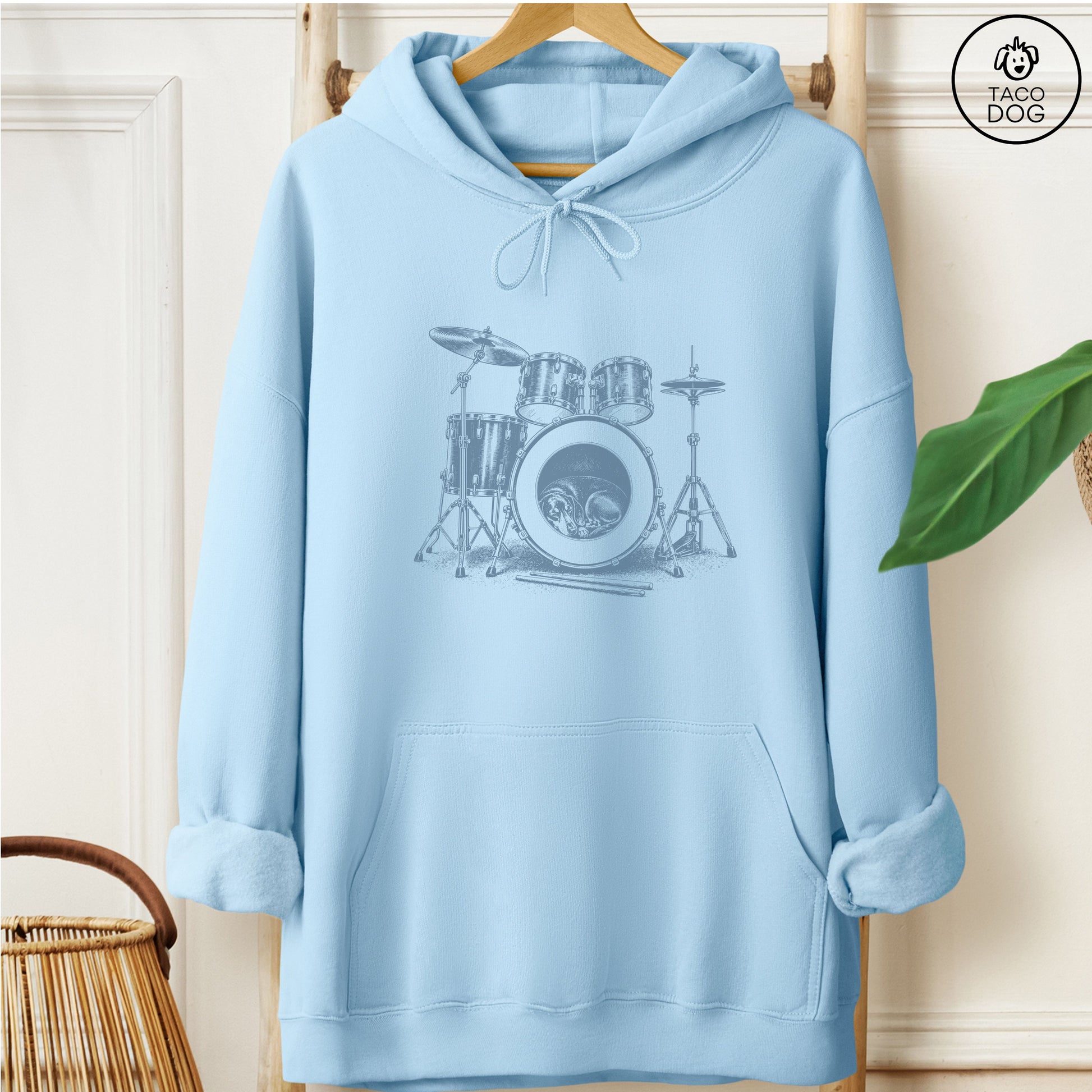 Dachshund Drum Hoodie Light Blue Taco-Dog