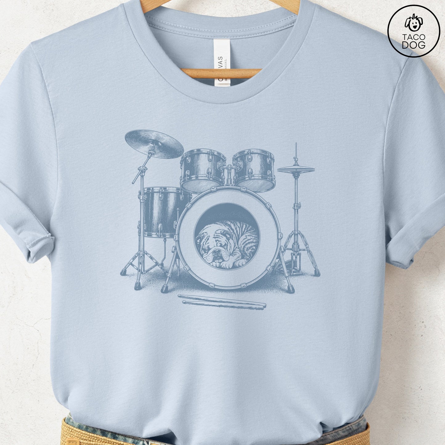 English Bulldog Drum T-Shirt Light Blue Taco-Dog