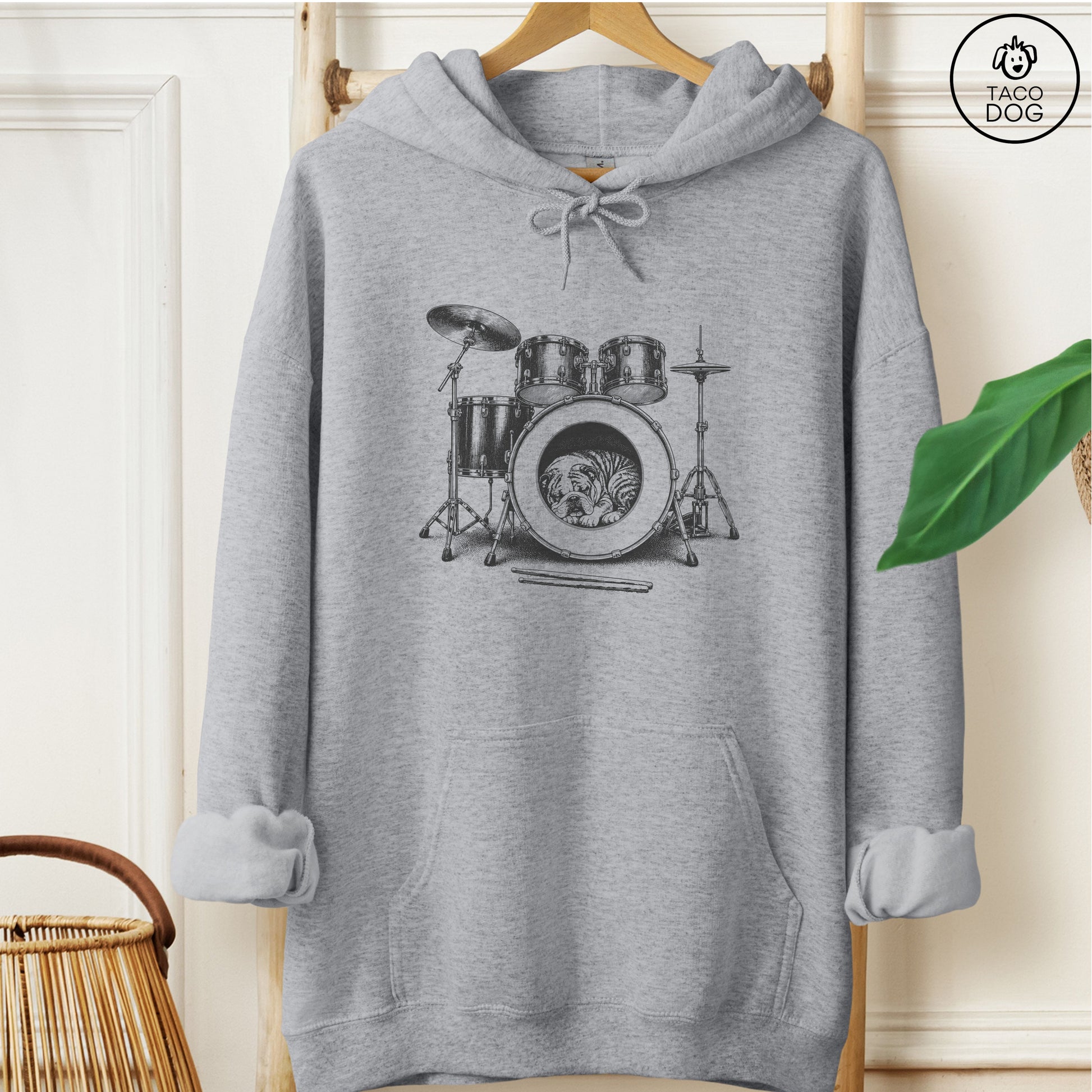 English Bulldog Drum Hoodie Graphite Heather Taco-Dog