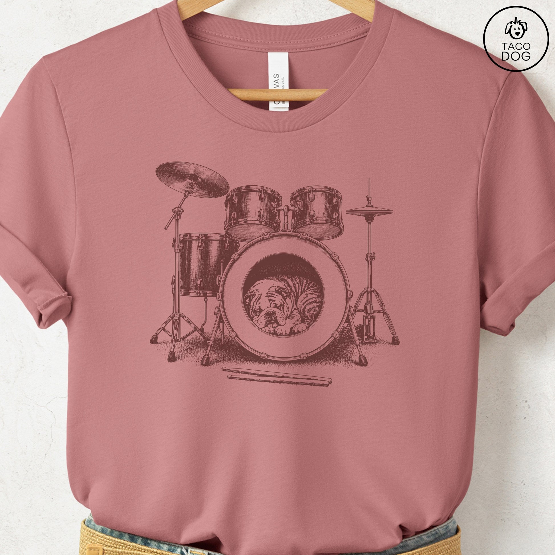 English Bulldog Drum T-Shirt Heather Mauve Taco-Dog