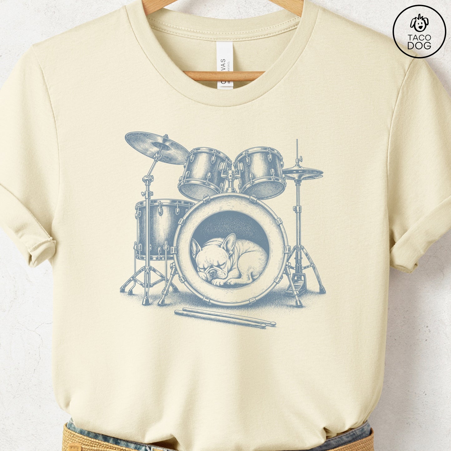 French Bulldog Frenchie Drum T-Shirt Natural Taco-Dog