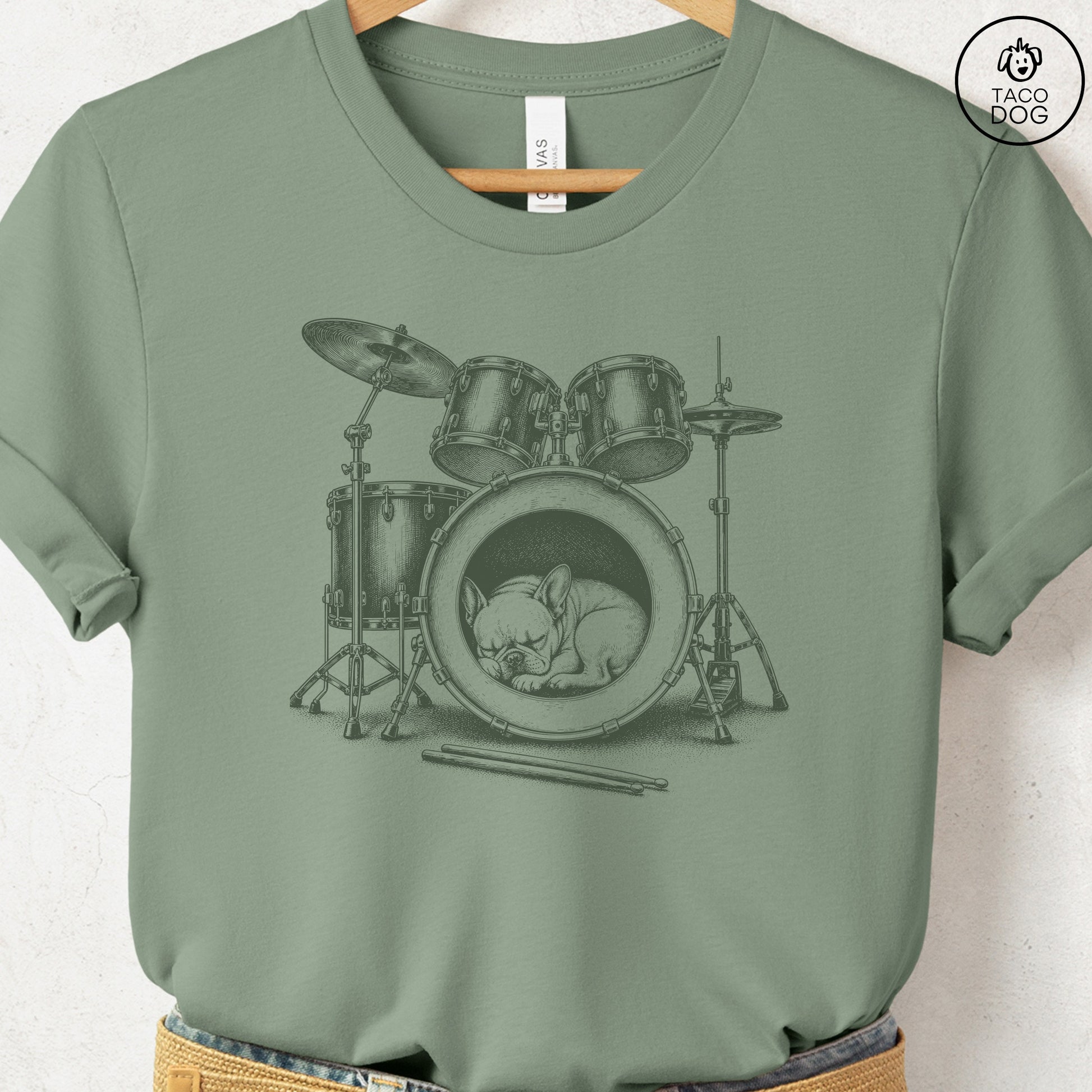 French Bulldog Frenchie Drum T-Shirt Sage Taco-Dog