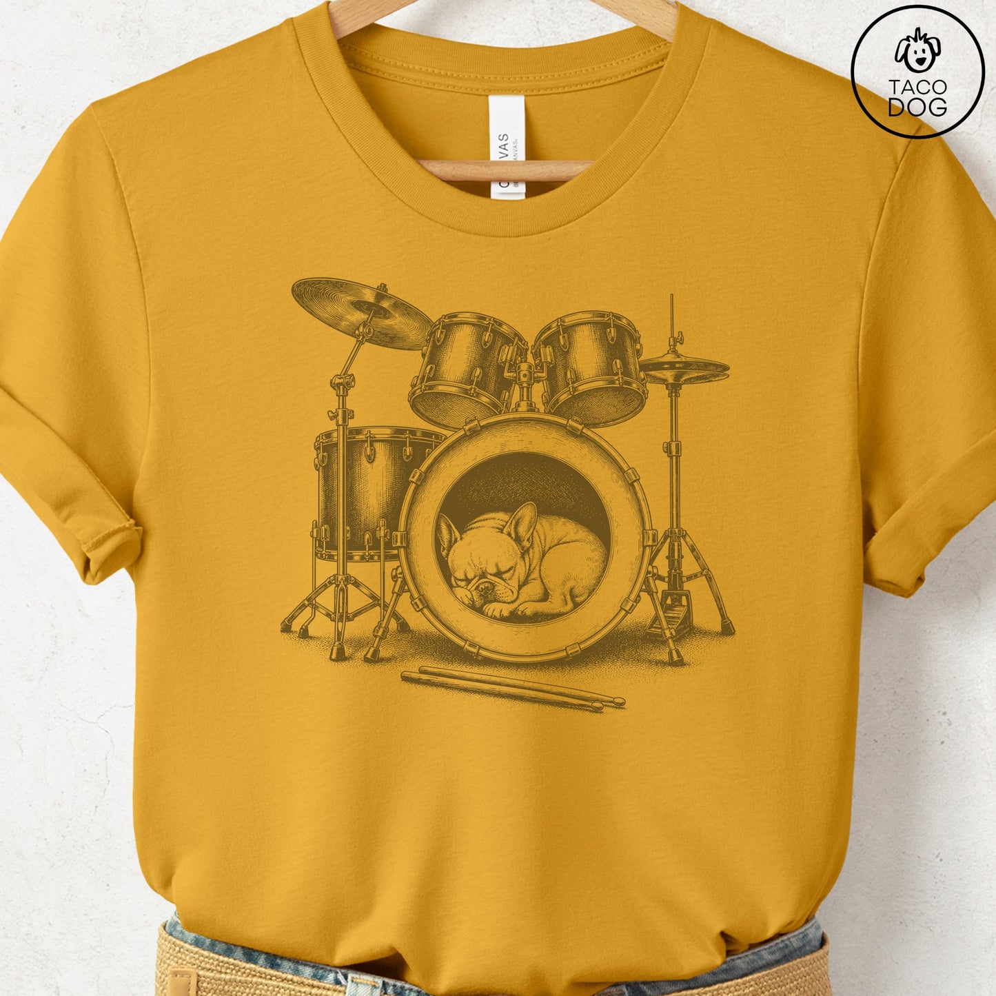 French Bulldog Frenchie Drum T-Shirt Mustard Taco-Dog