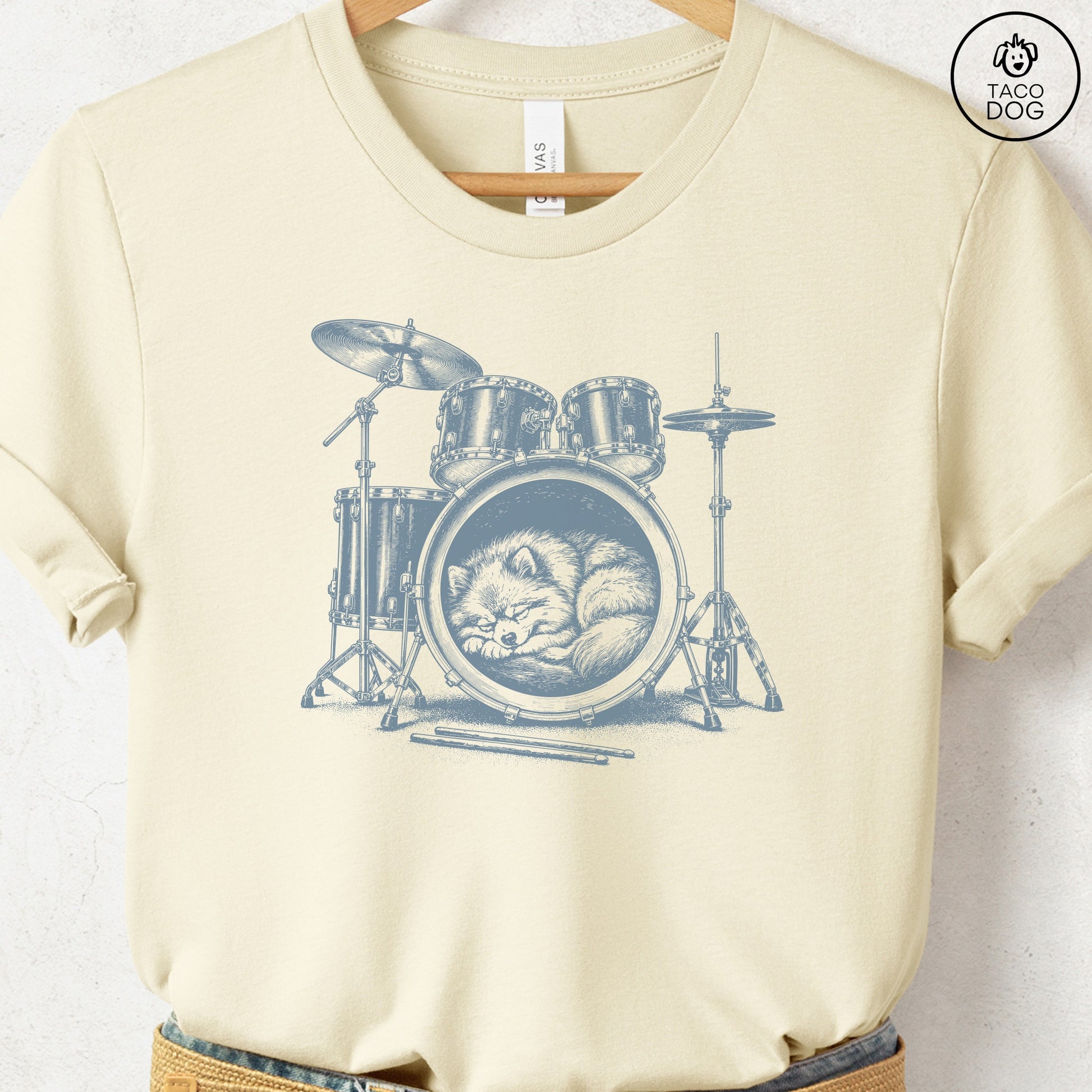Pomeranian Drum T-Shirt Natural Taco-Dog