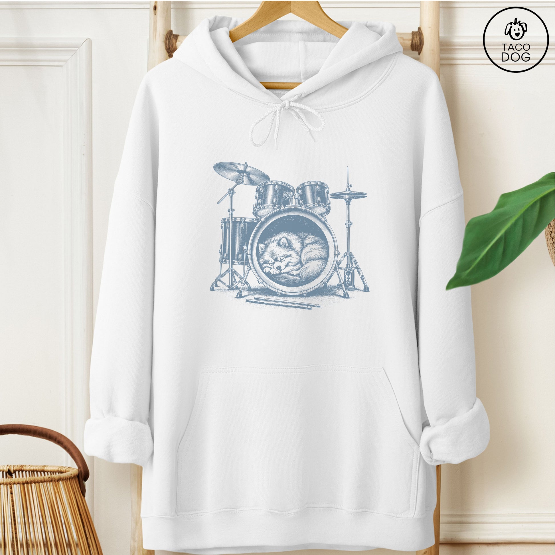 Pomeranian Drum Hoodie White Taco-Dog