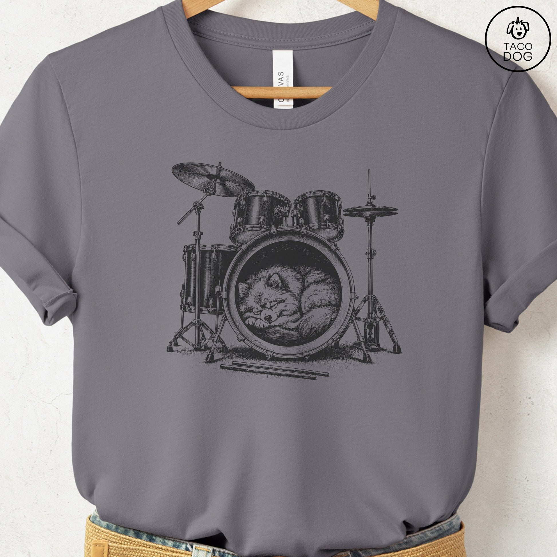 Pomeranian Drum T-Shirt Storm Taco-Dog
