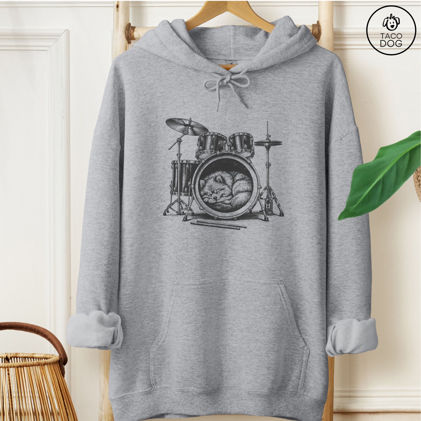 Pomeranian Drum Hoodie Graphite Heather Taco-Dog