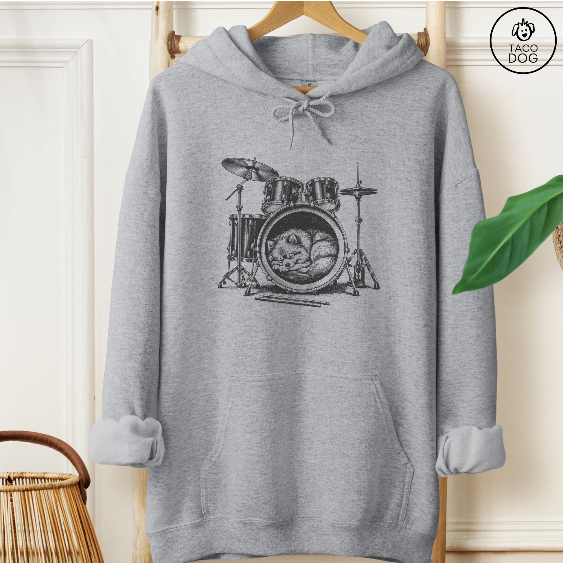 Pomeranian Drum Hoodie Graphite Heather Taco-Dog