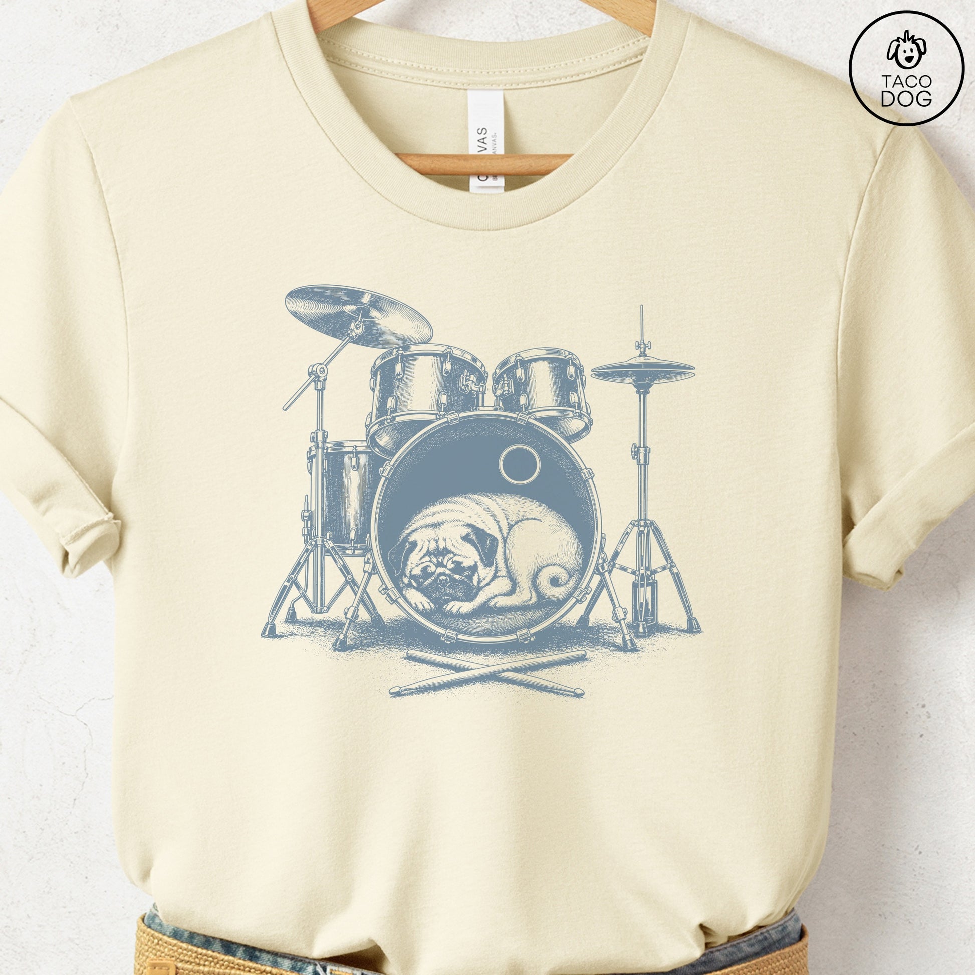 Pug Drum T-Shirt Natural Taco-Dog