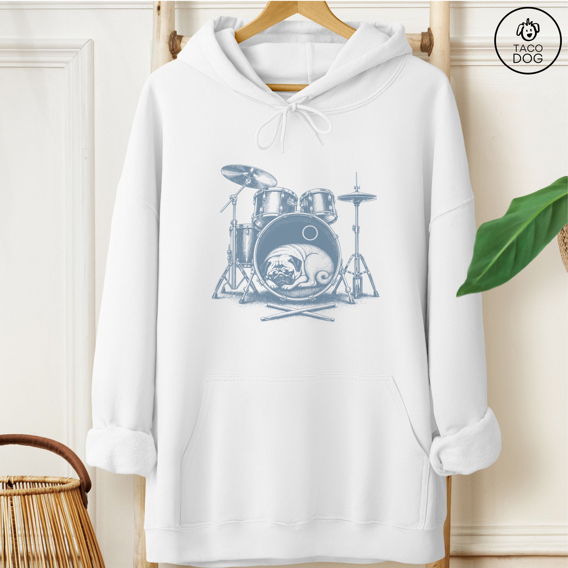 Pug Drum Hoodie White Taco-Dog