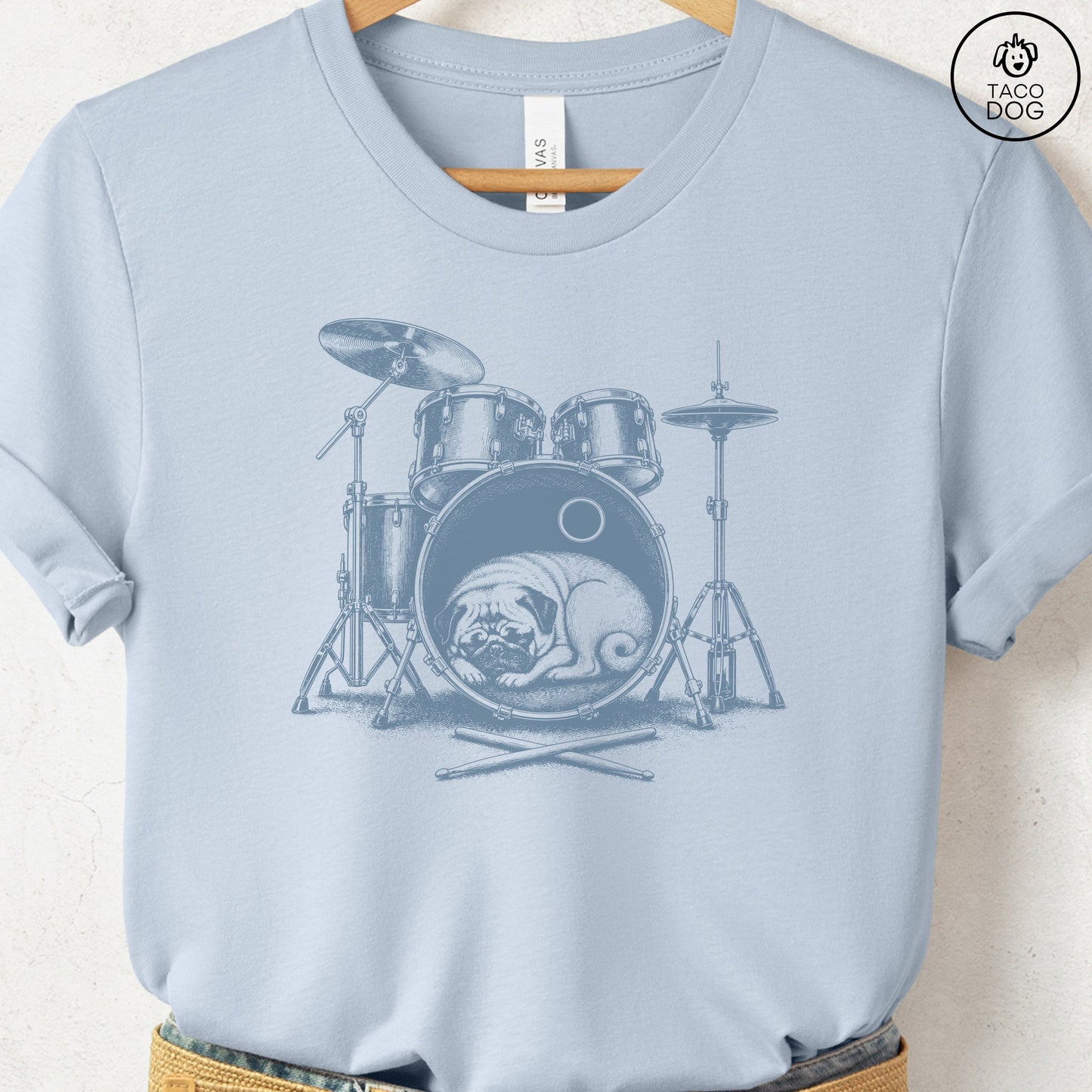 Pug Drum T-Shirt Light Blue Taco-Dog
