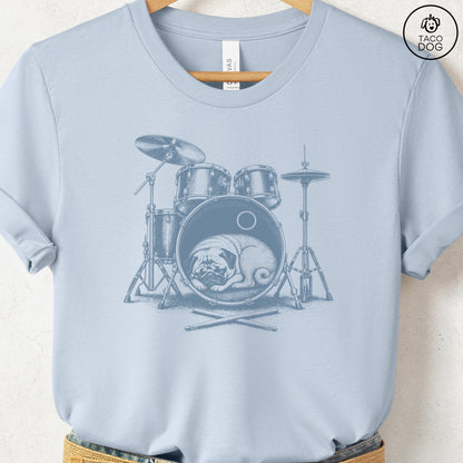 Pug Drum T-Shirt Light Blue Taco-Dog