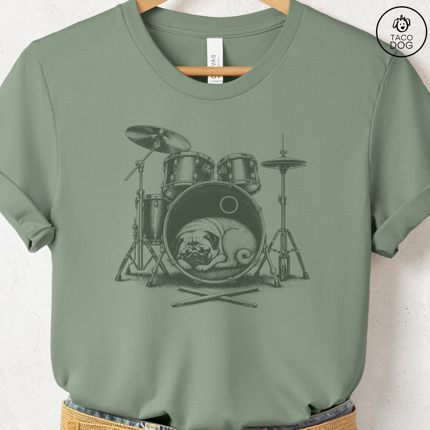 Pug Drum T-Shirt Sage Taco-Dog