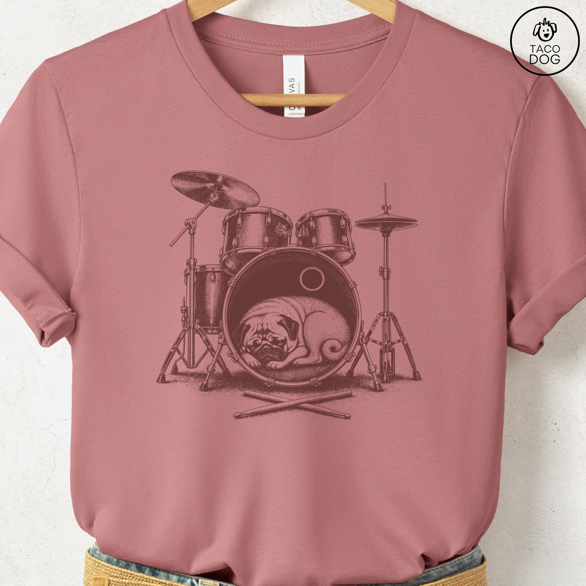 Pug Drum T-Shirt Heather Mauve Taco-Dog