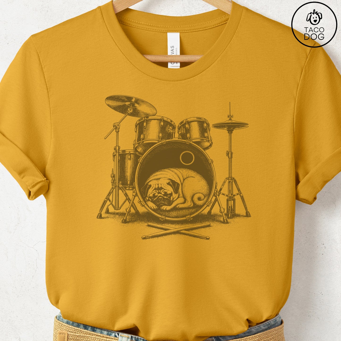 Pug Drum T-Shirt Mustard Taco-Dog