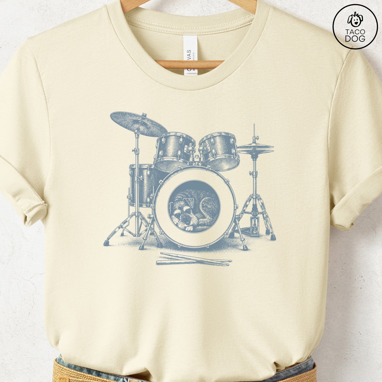 Schnauzer Drum T-Shirt Natural Taco-Dog