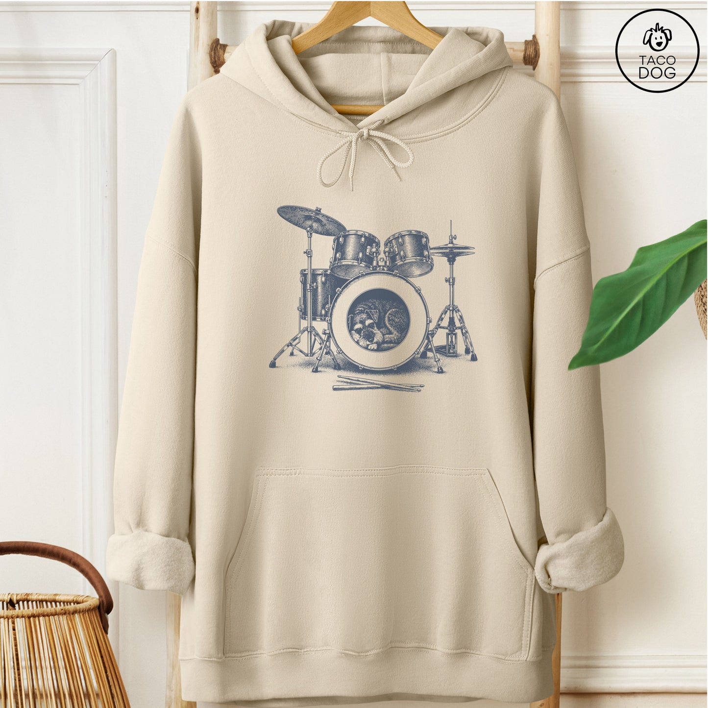 Schnauzer Drum Hoodie Sand Taco-Dog