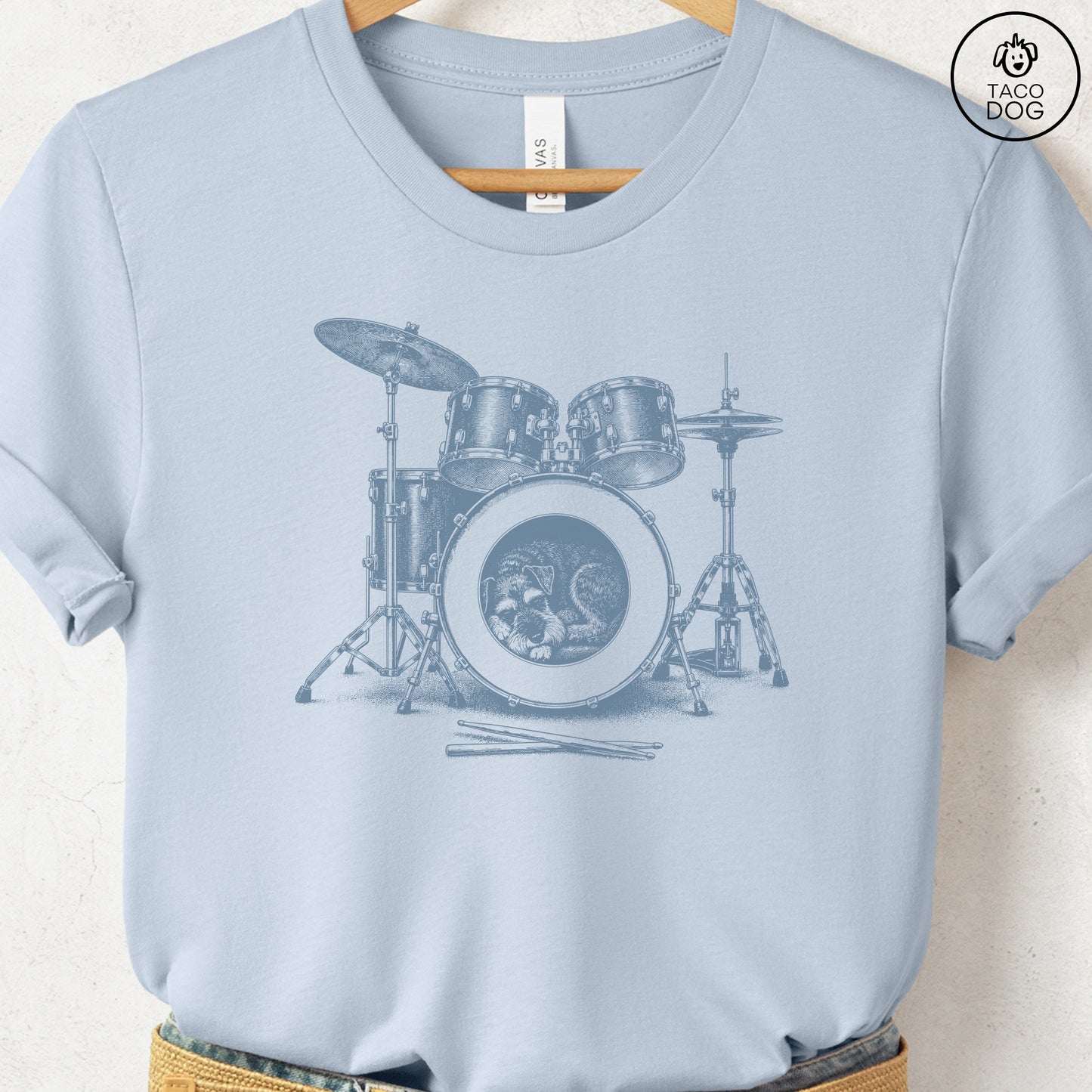 Schnauzer Drum T-Shirt Light Blue Taco-Dog