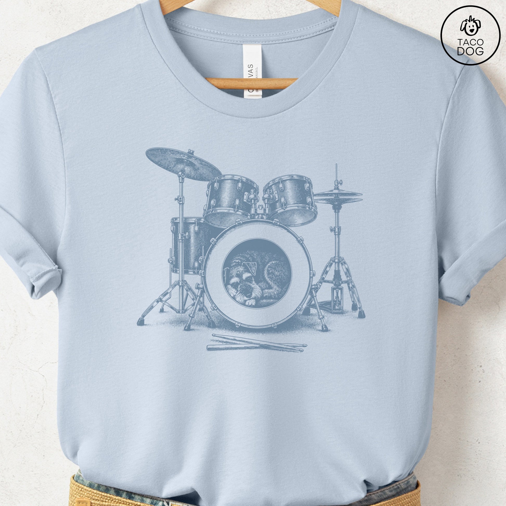 Schnauzer Drum T-Shirt Light Blue Taco-Dog