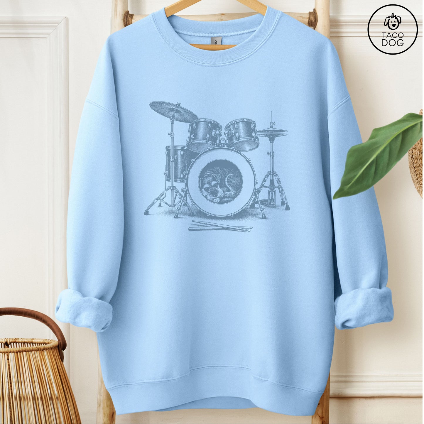 Schnauzer Drum Sweatshirt Light Blue Taco-Dog