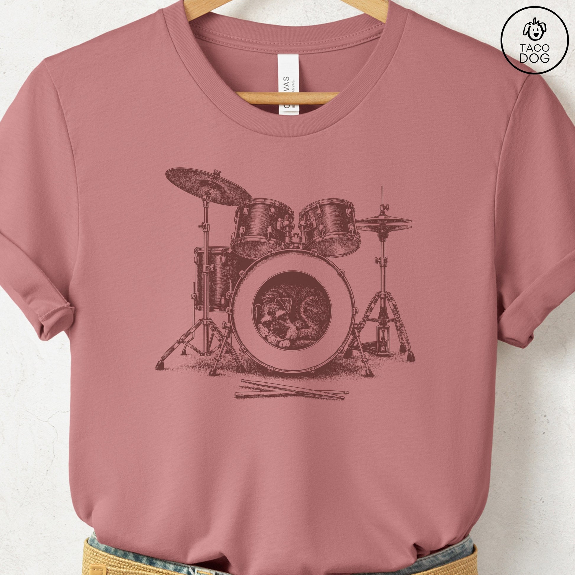 Schnauzer Drum T-Shirt Heather Mauve Taco-Dog