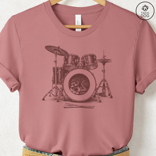 Schnauzer Drum T-Shirt Heather Mauve Taco-Dog
