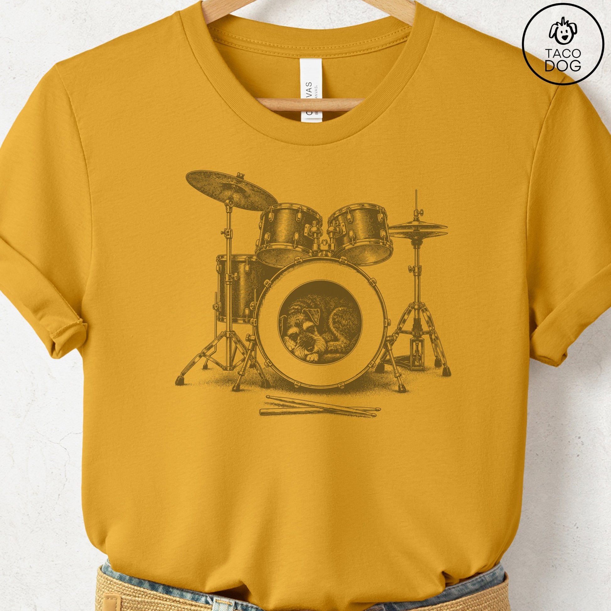 Schnauzer Drum T-Shirt Mustard Taco-Dog