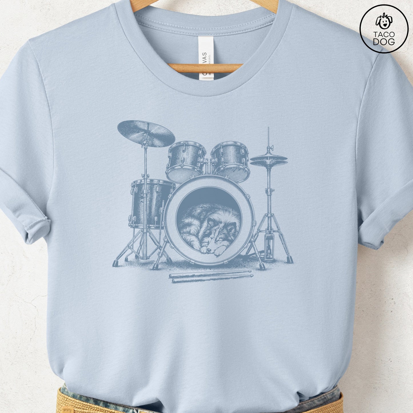 Shetland Sheepdog Drum T-Shirt Light Blue Taco-Dog