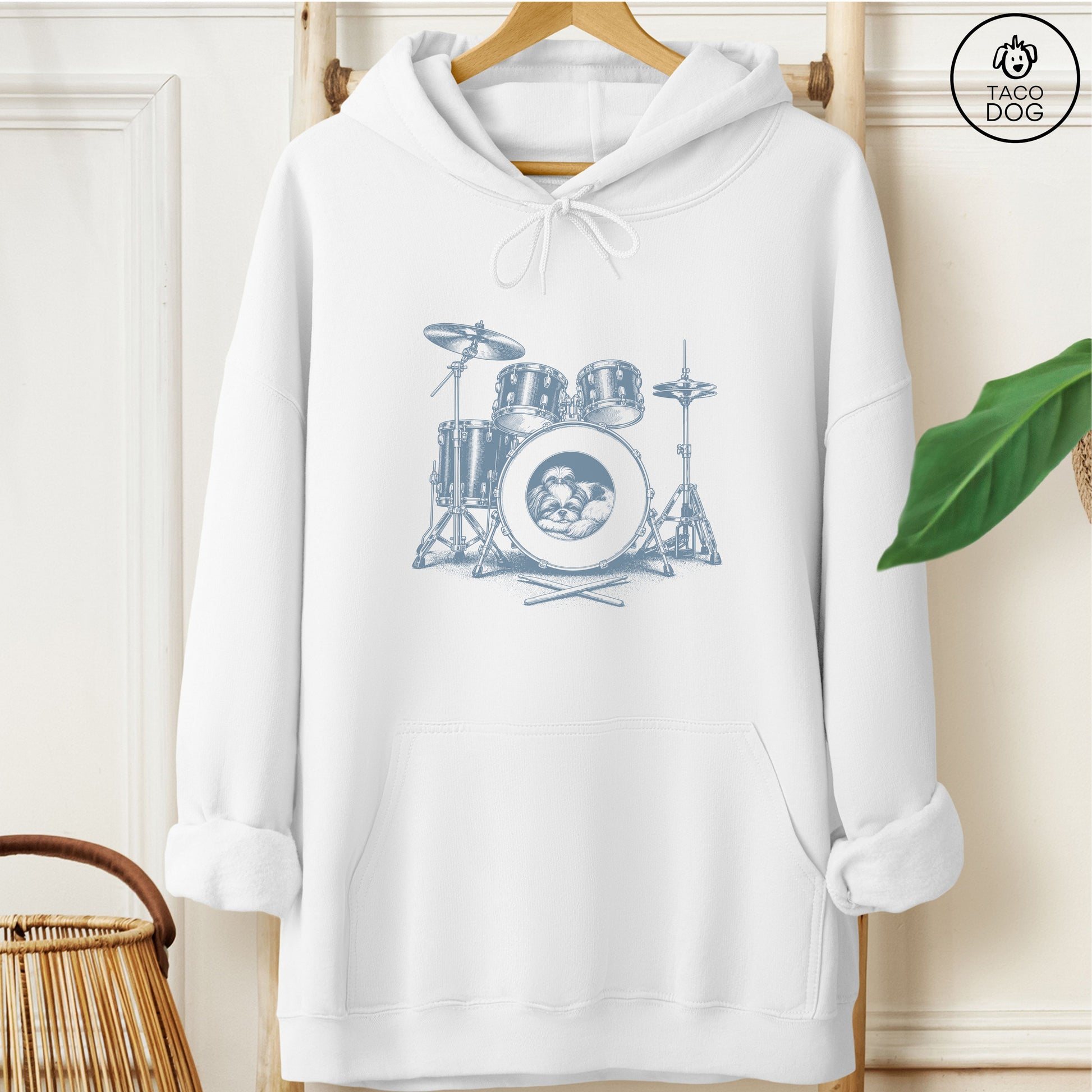 Shih Tzu Drum Hoodie White Taco-Dog