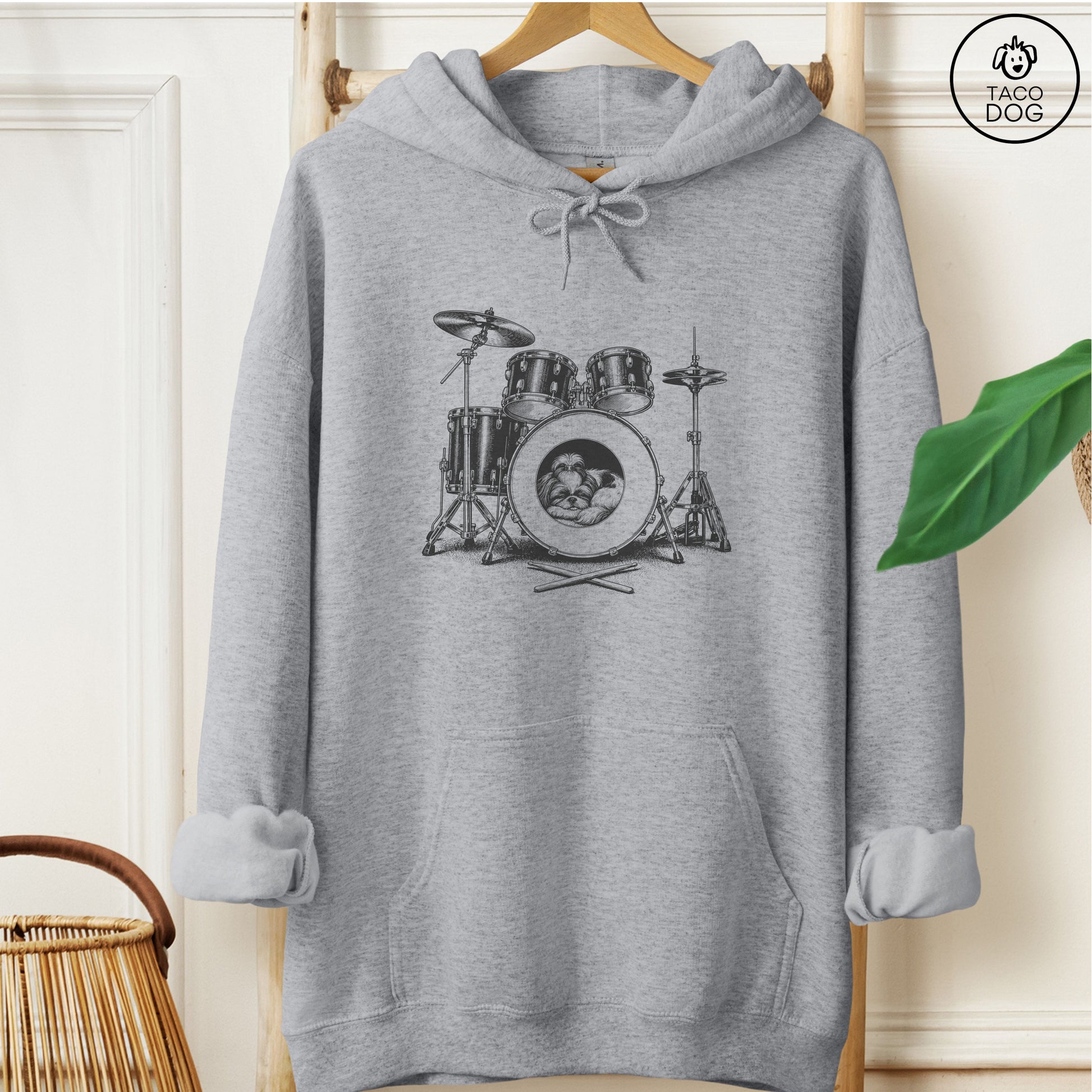 Shih Tzu Drum Hoodie Graphite Heather Taco-Dog