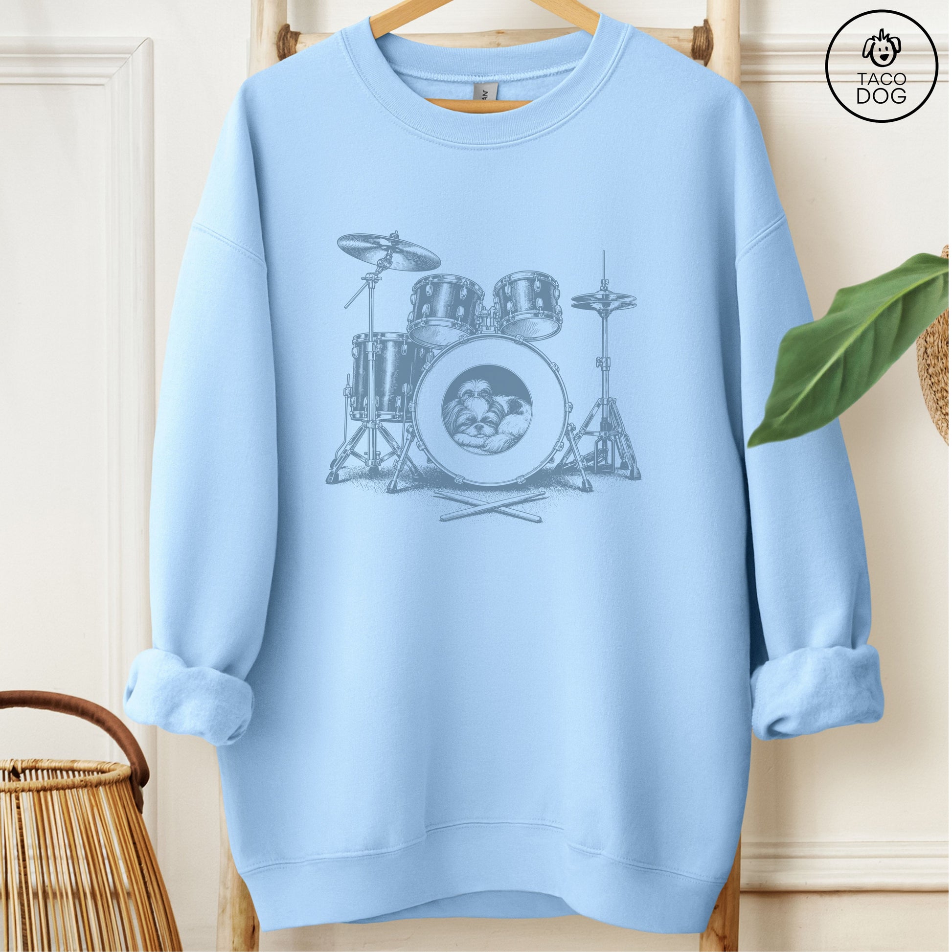 Shih Tzu Drum Sweatshirt Light Blue Taco-Dog