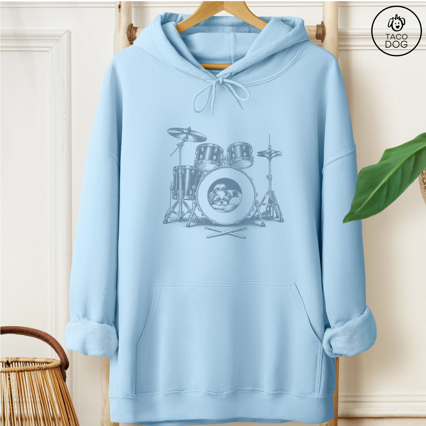 Shih Tzu Drum Hoodie Light Blue Taco-Dog