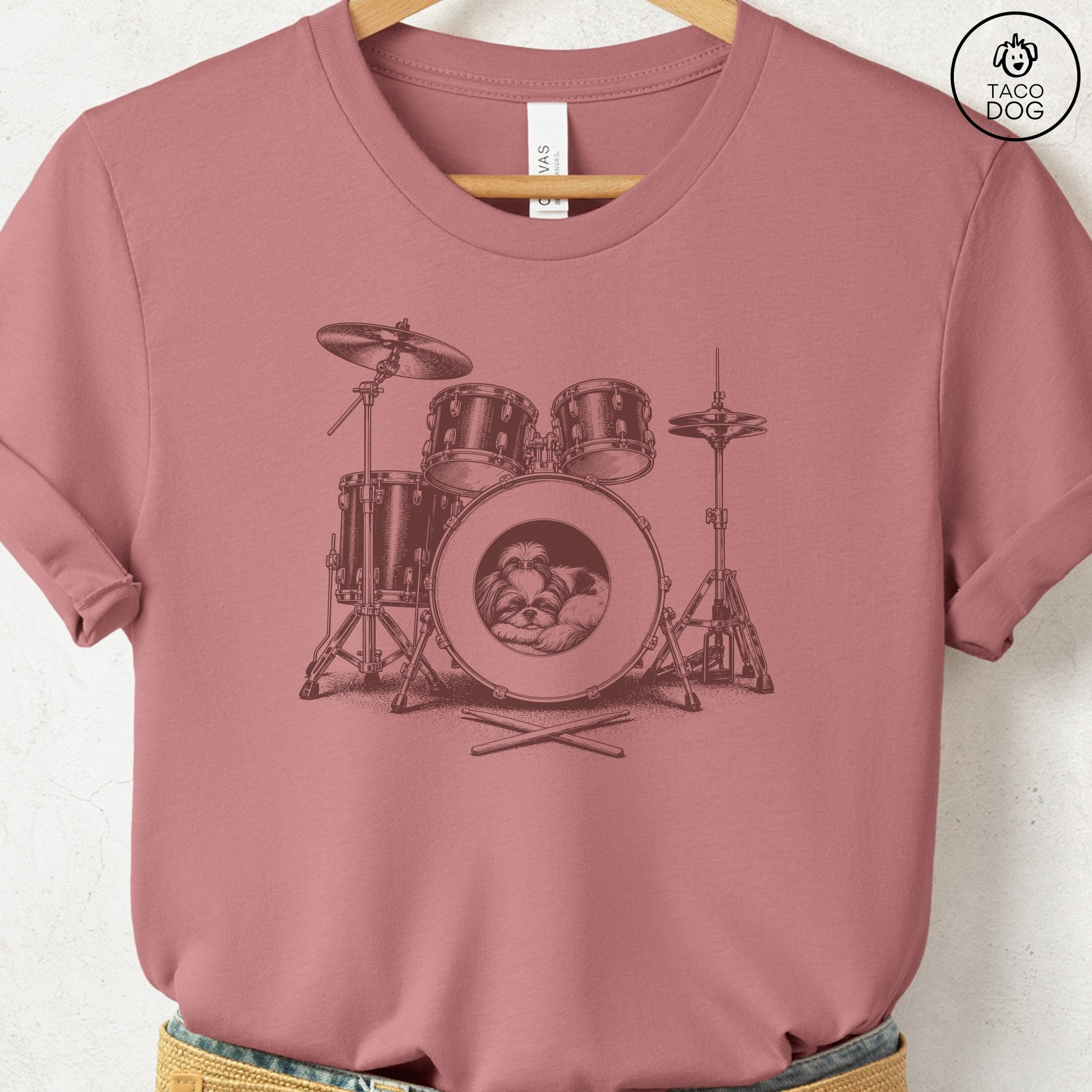 Shih Tzu Drum T-Shirt Heather Mauve Taco-Dog
