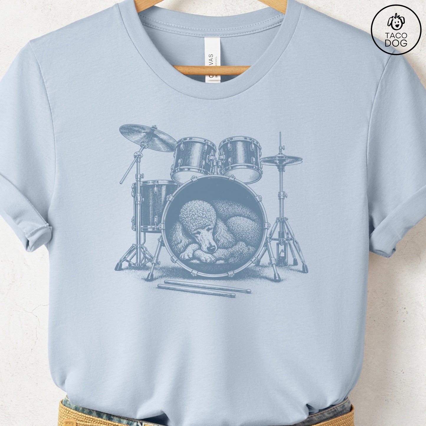 Poodle Drum T-Shirt Light Blue Taco-Dog
