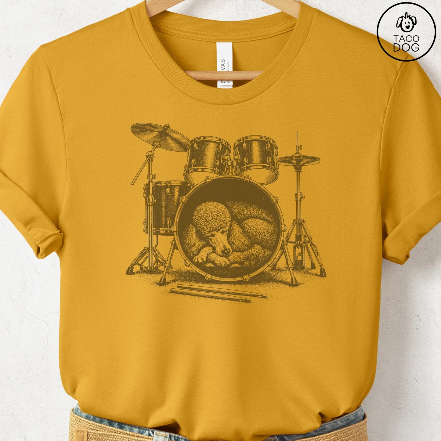Poodle Drum T-Shirt Mustard Taco-Dog
