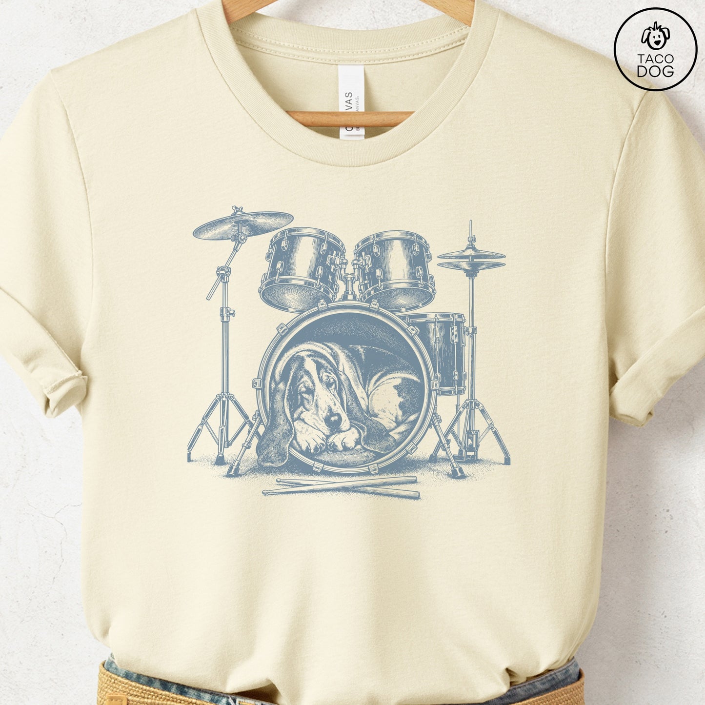 Basset Hound Drum T-Shirt Natural Taco-Dog