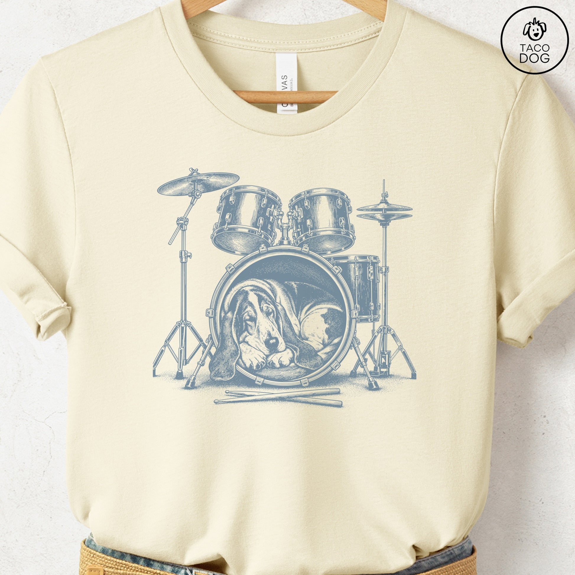 Basset Hound Drum T-Shirt Natural Taco-Dog