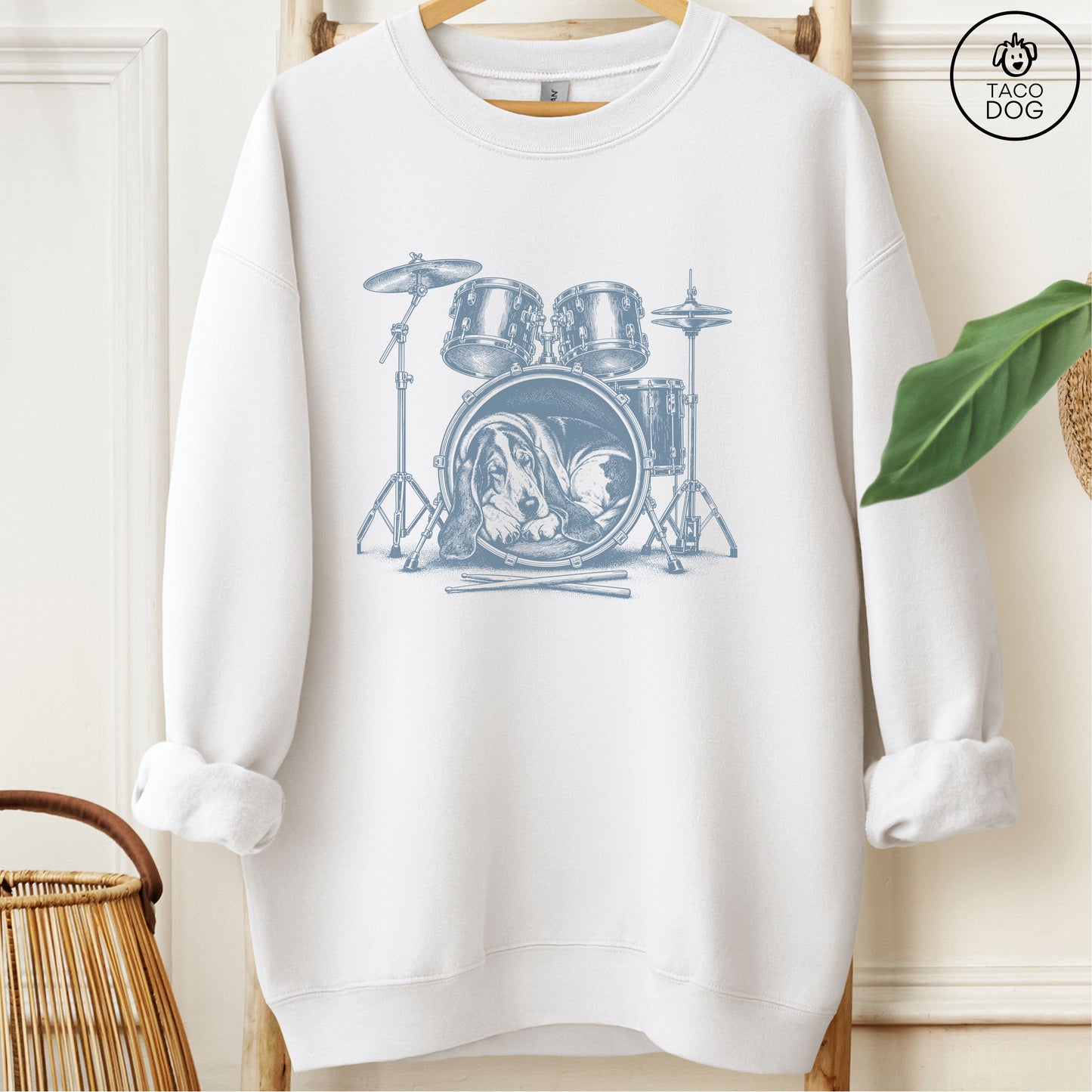 Basset Hound Drum Sweatshirt White Taco-Dog