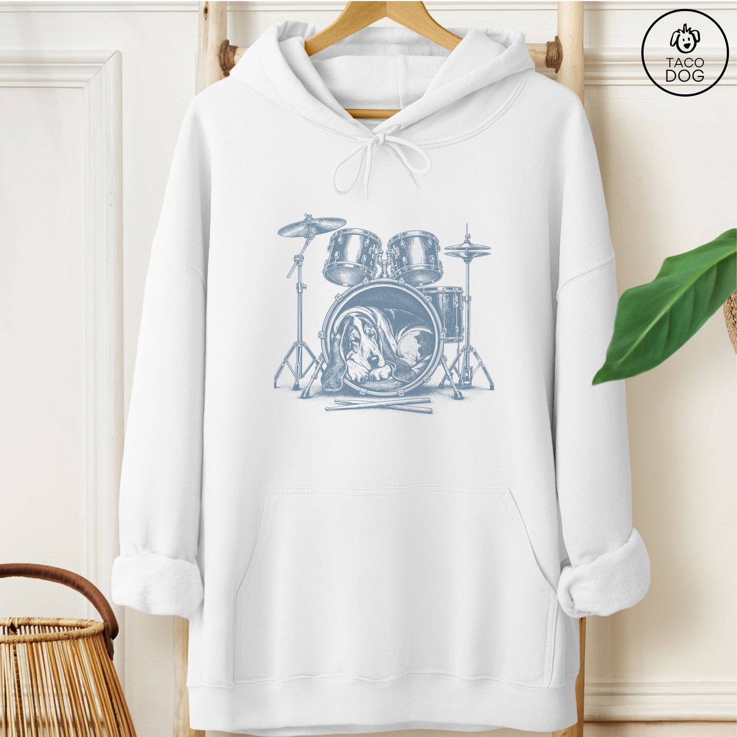 Basset Hound Drum Hoodie White Taco-Dog