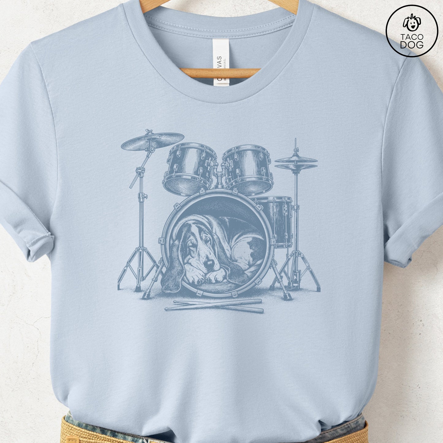 Basset Hound Drum T-Shirt Light Blue Taco-Dog