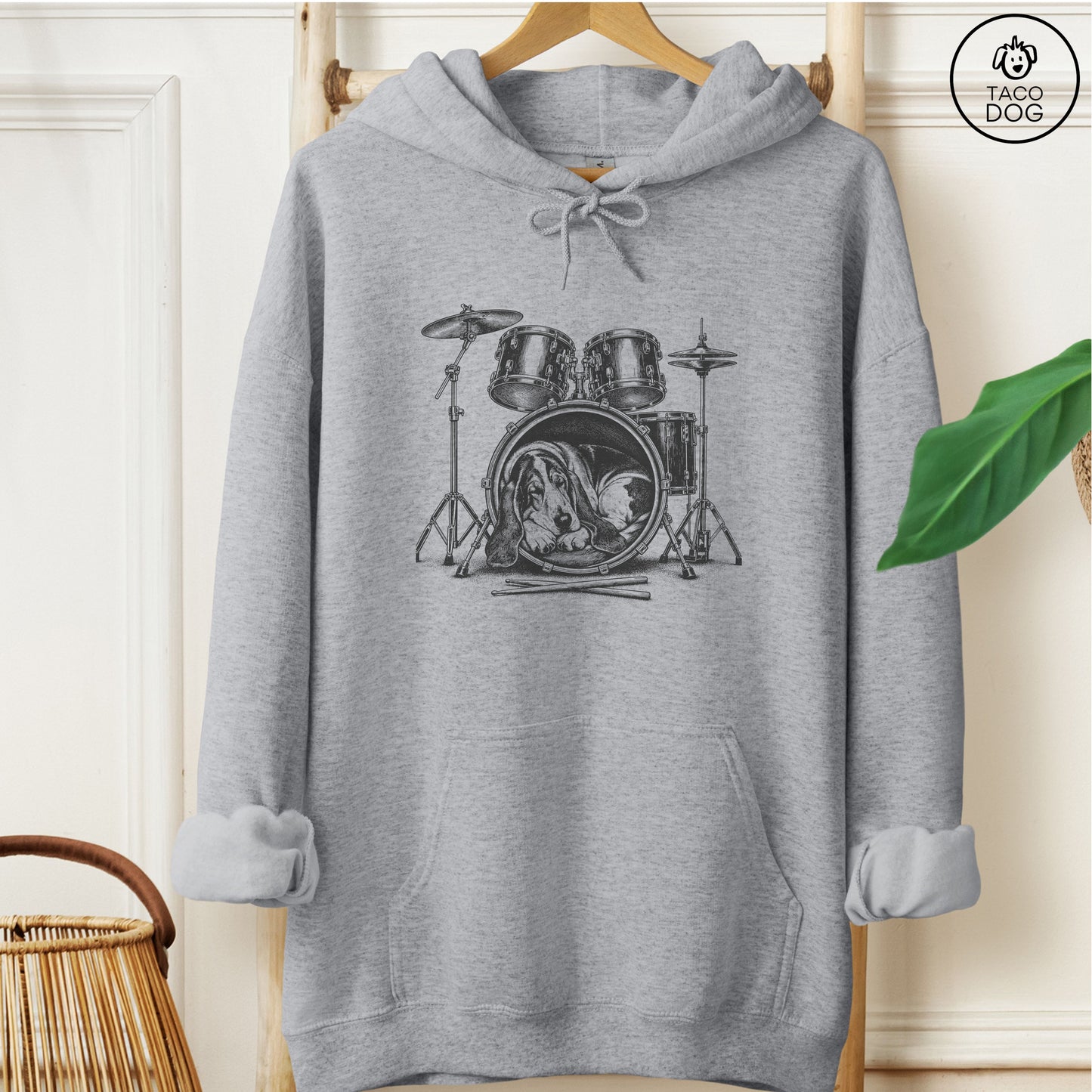 Basset Hound Drum Hoodie Graphite Heather Taco-Dog