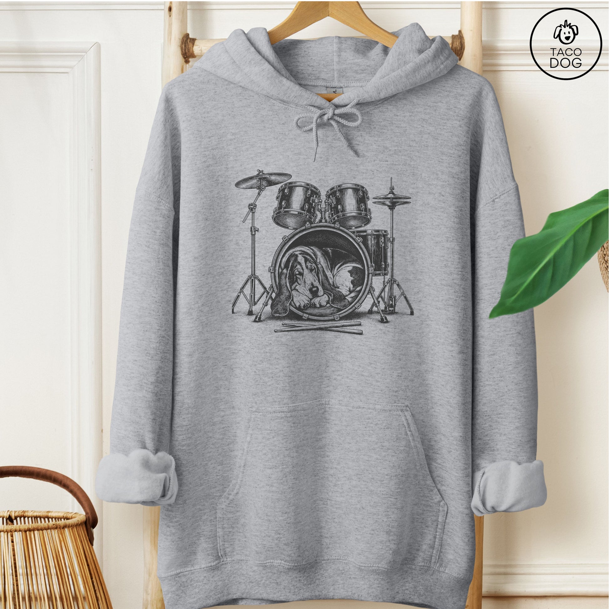 Basset Hound Drum Hoodie Graphite Heather Taco-Dog
