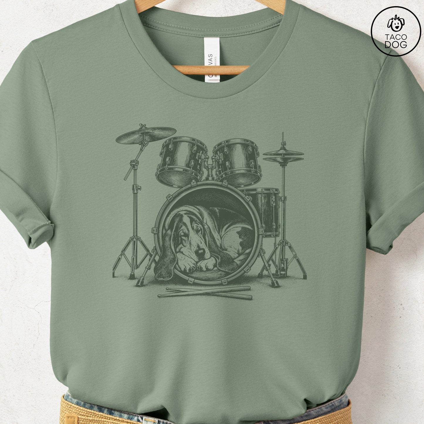 Basset Hound Drum T-Shirt Sage Taco-Dog