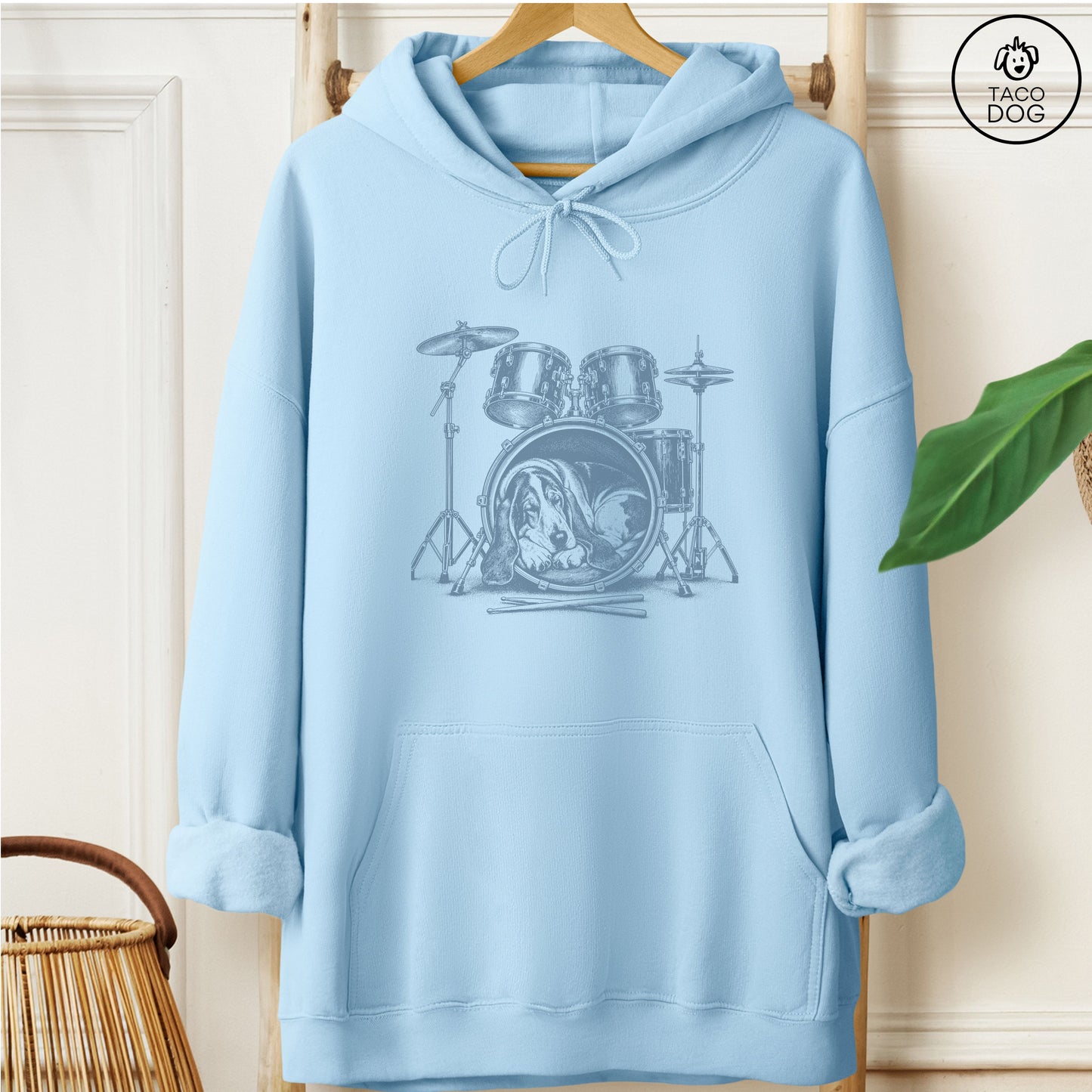 Basset Hound Drum Hoodie Light Blue Taco-Dog
