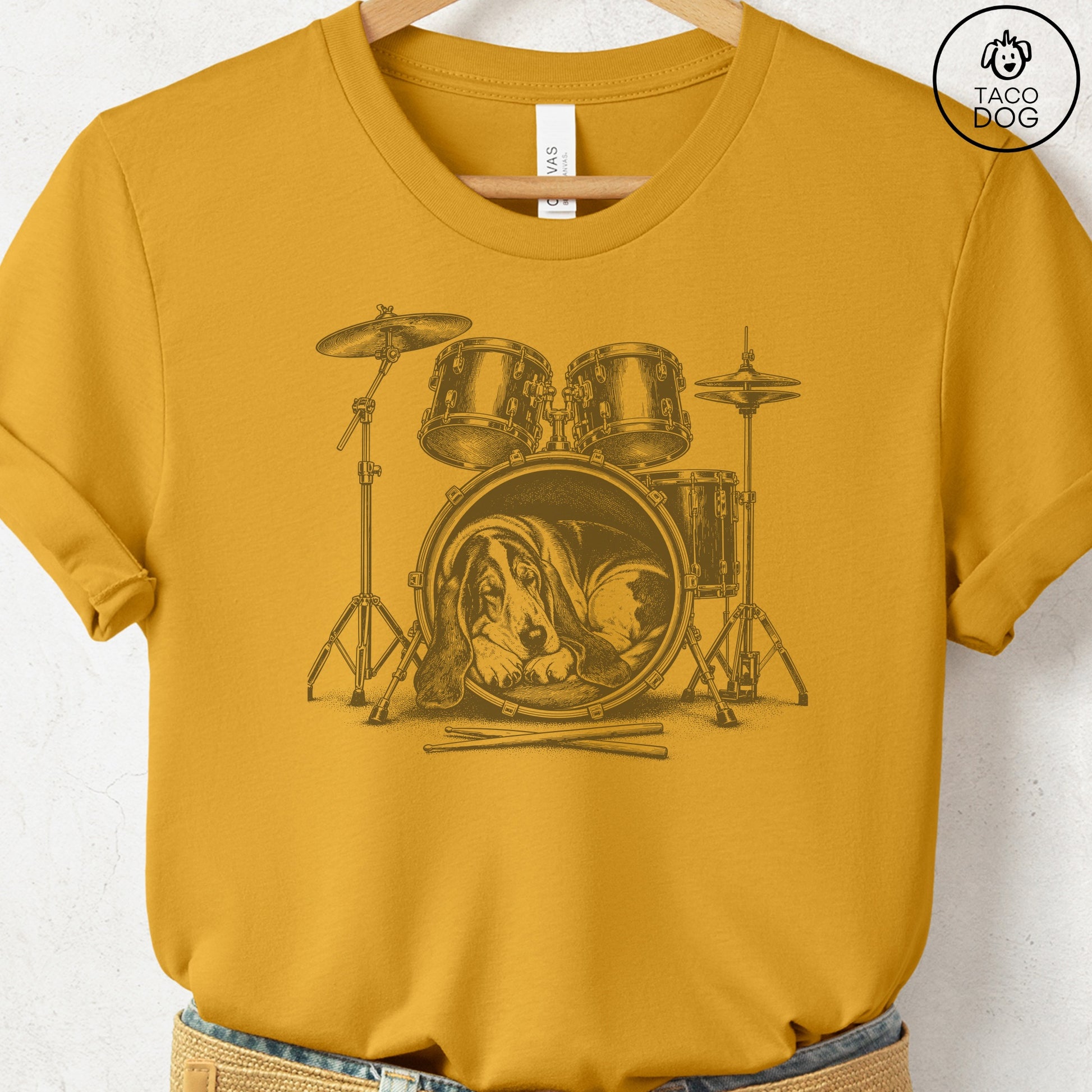 Basset Hound Drum T-Shirt Mustard Taco-Dog