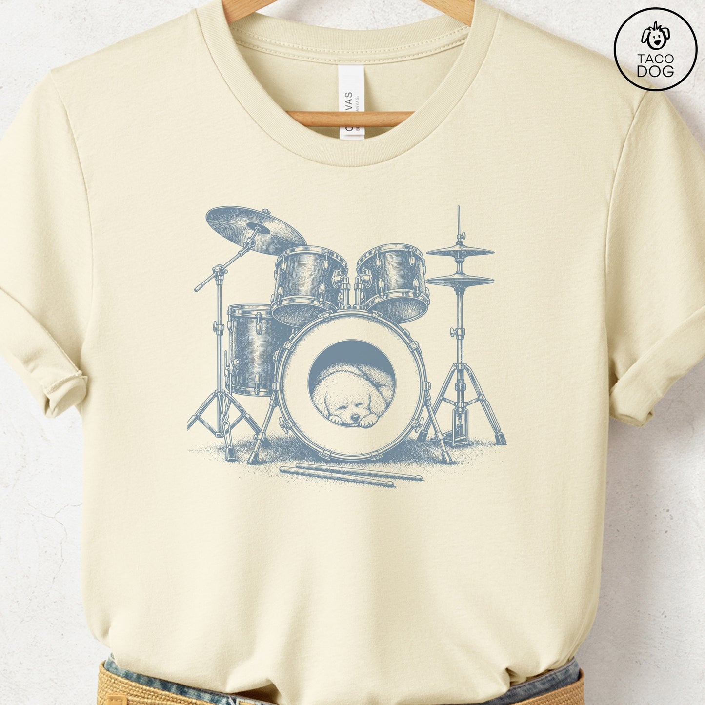 Bichon Frise Drum T-Shirt Natural Taco-Dog