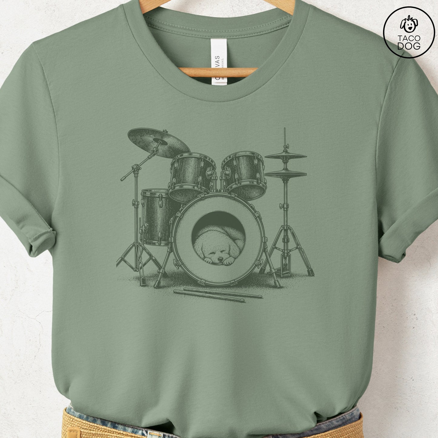 Bichon Frise Drum T-Shirt Sage Taco-Dog