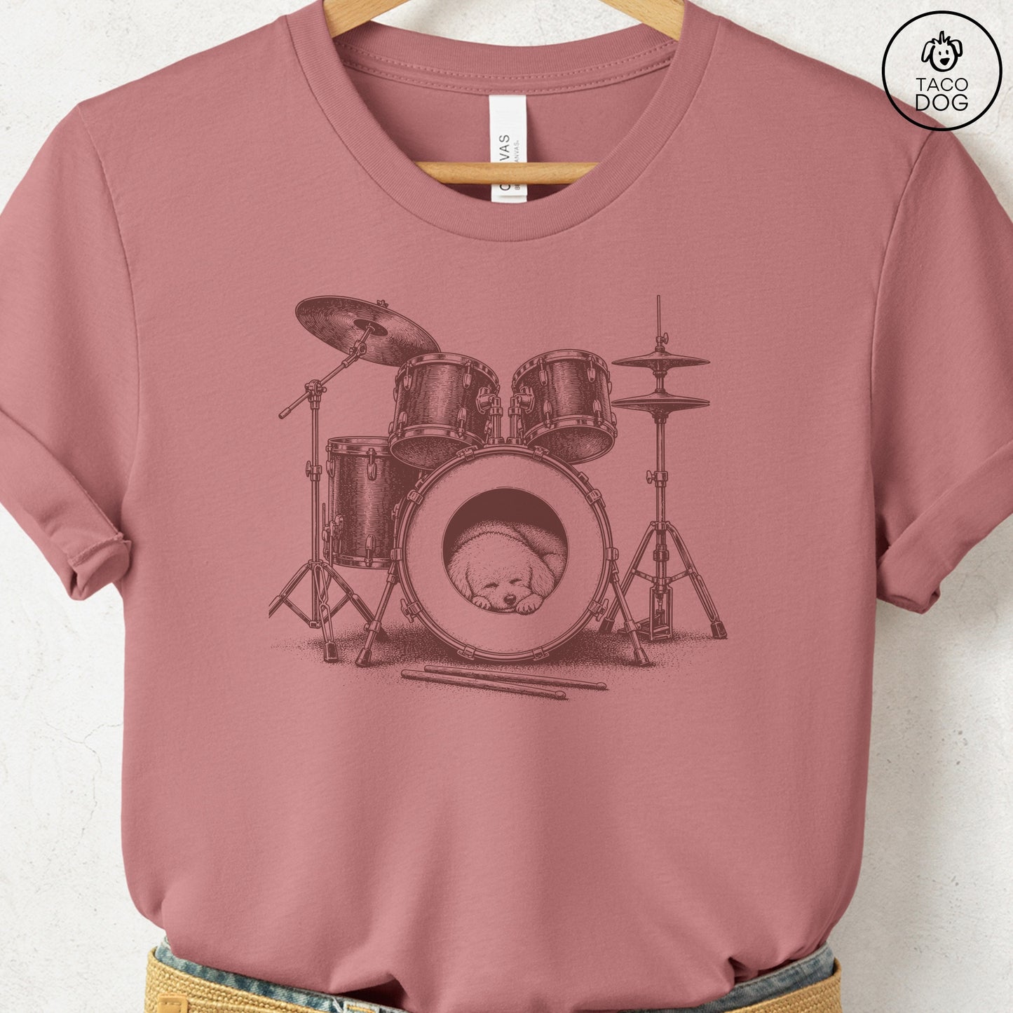 Bichon Frise Drum T-Shirt Heather Mauve Taco-Dog