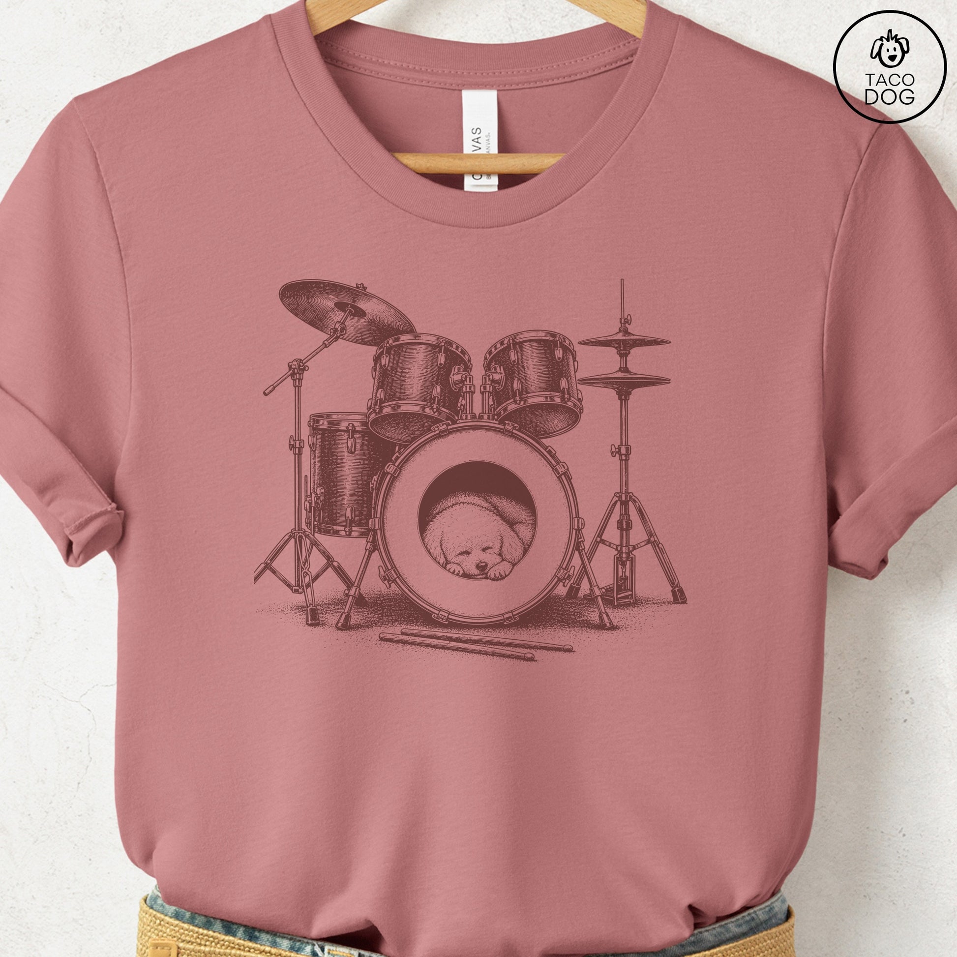 Bichon Frise Drum T-Shirt Heather Mauve Taco-Dog